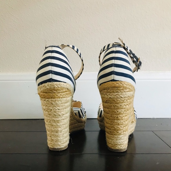 Nine West Navy and White Striped Ankle Strap Wedges Cork woven wedge sandals - Picture 4 of 7